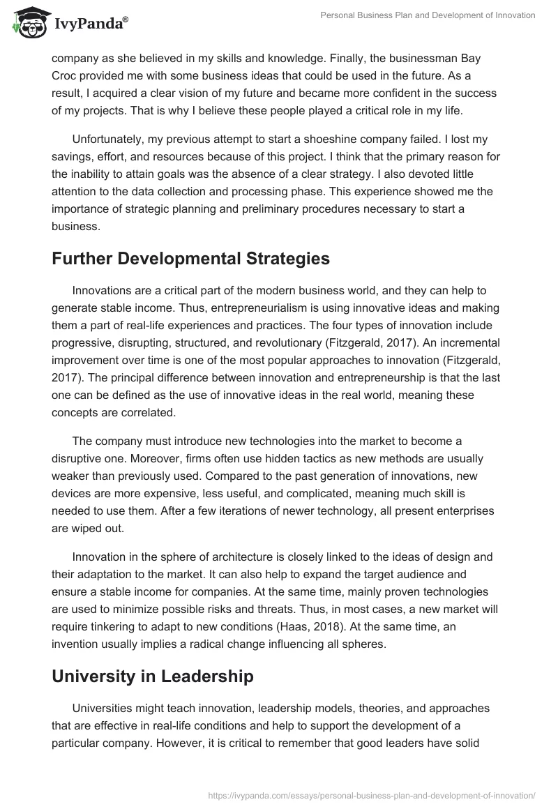 Personal Business Plan and Development of Innovation. Page 4