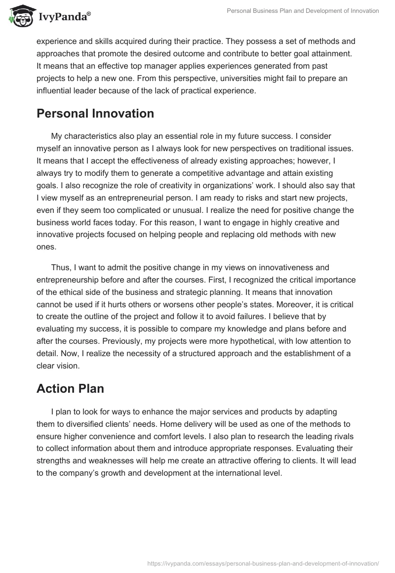 Personal Business Plan and Development of Innovation. Page 5