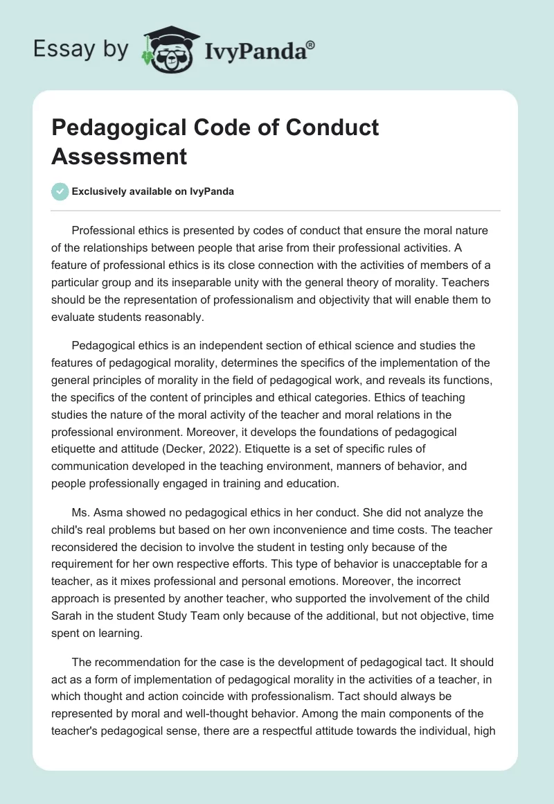 Pedagogical Code of Conduct Assessment. Page 1