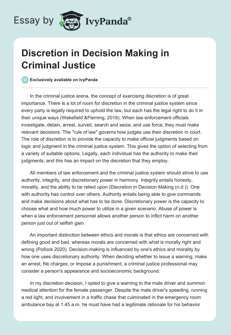 Discretion in Decision Making in Criminal Justice. Page 1