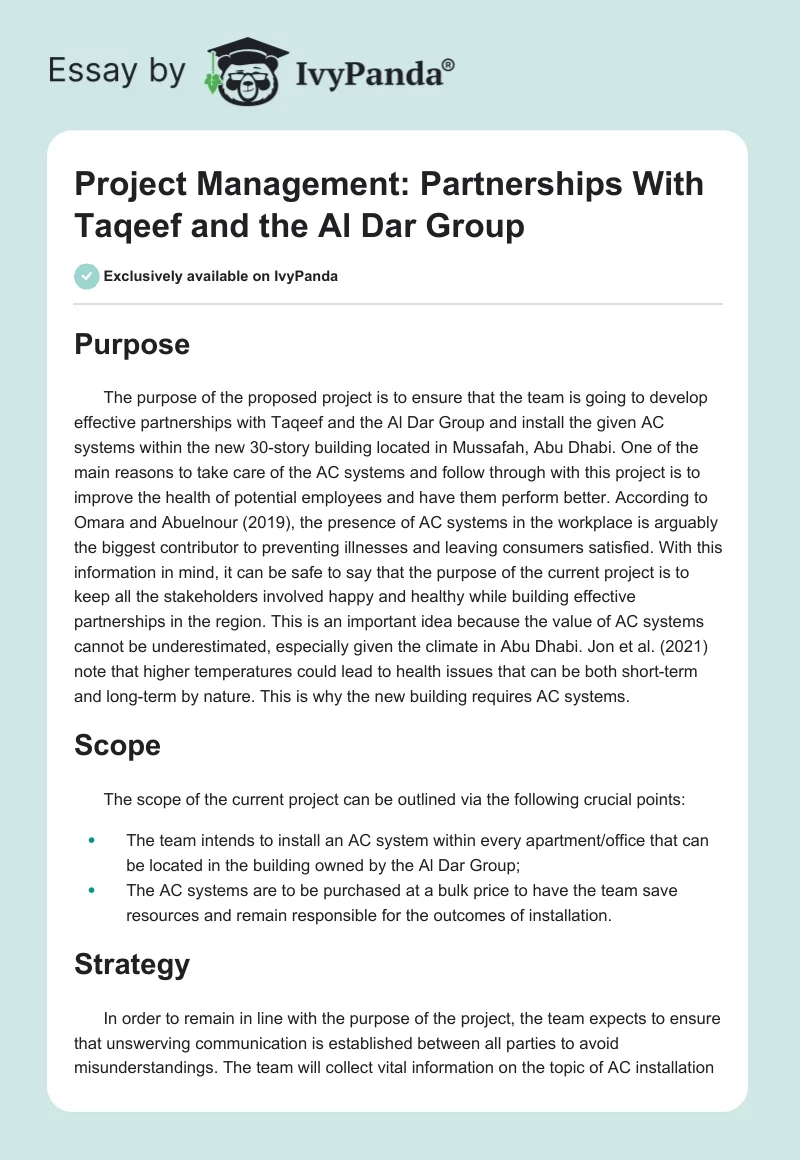 Project Management: Partnerships With Taqeef and the Al Dar Group. Page 1