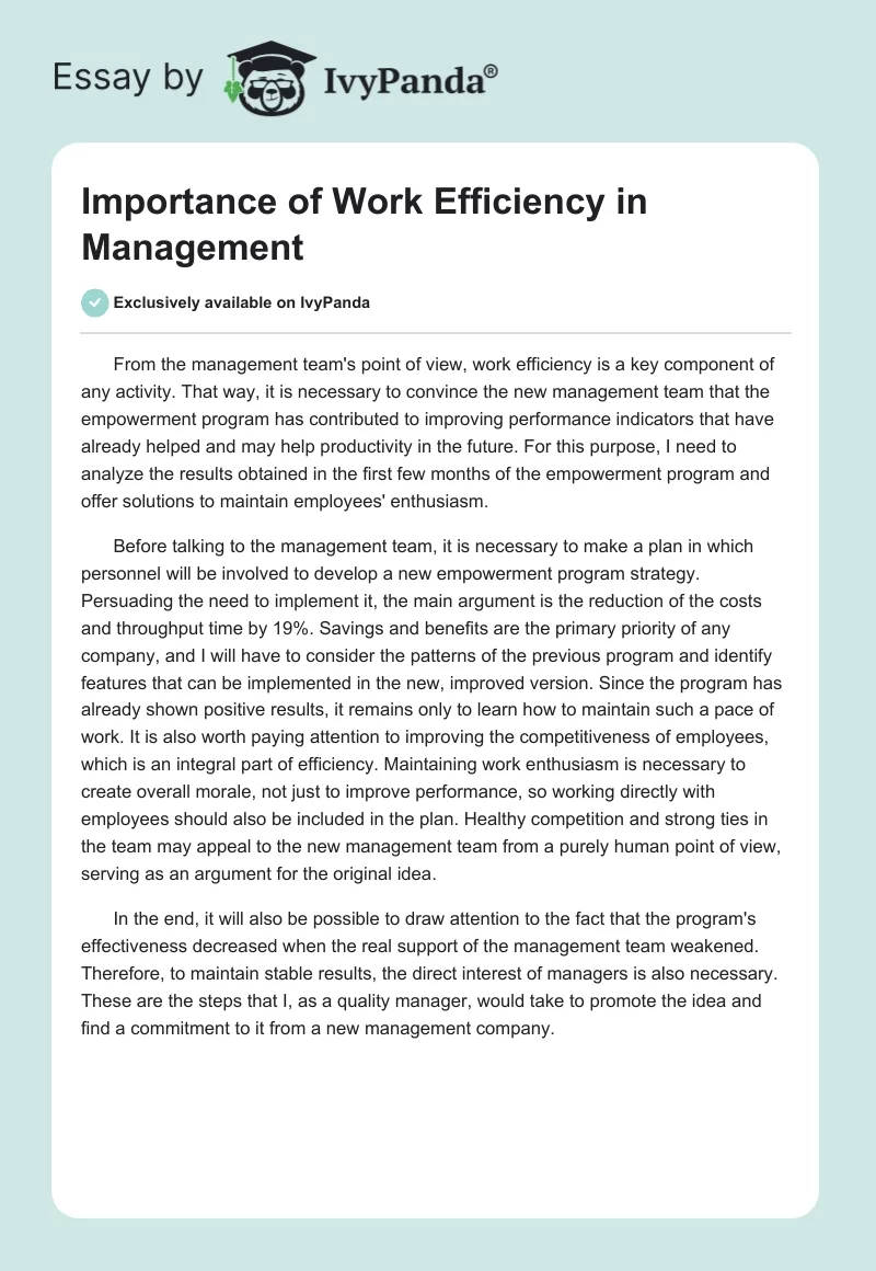 Importance of Work Efficiency in Management. Page 1