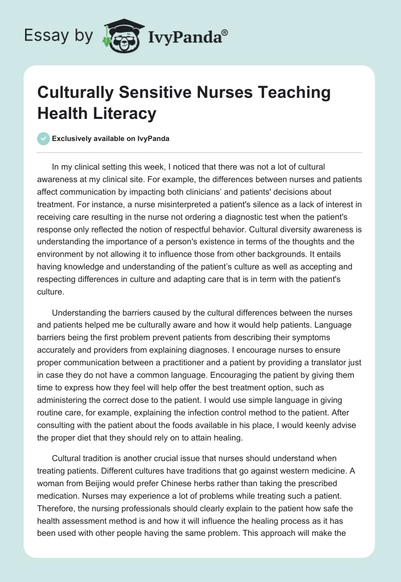 Culturally Sensitive Nurses Teaching Health Literacy. Page 1