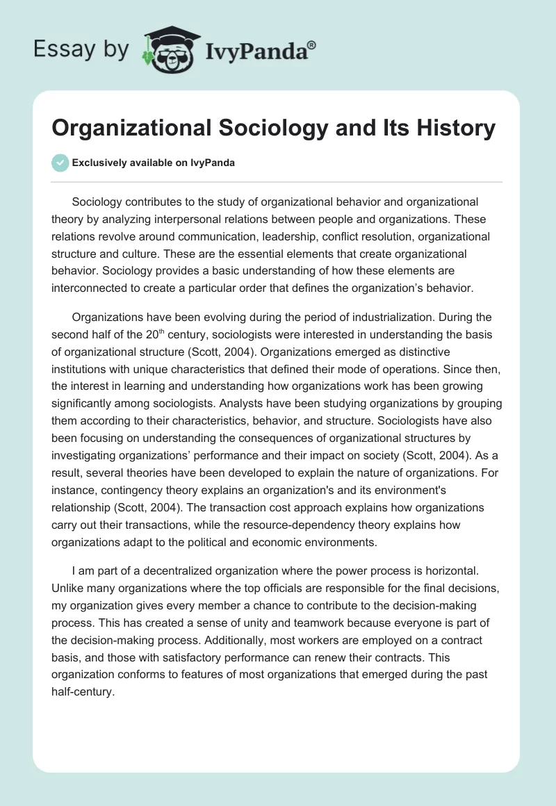 Organizational Sociology and Its History. Page 1