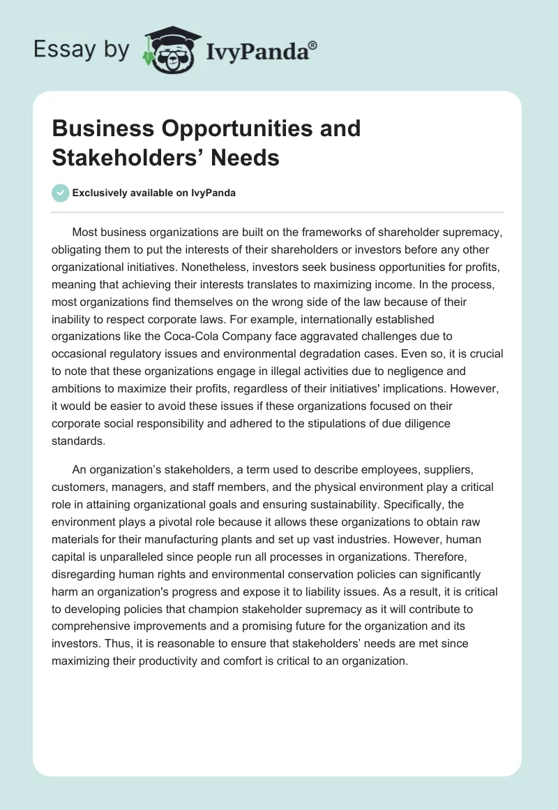 Business Opportunities and Stakeholders’ Needs. Page 1
