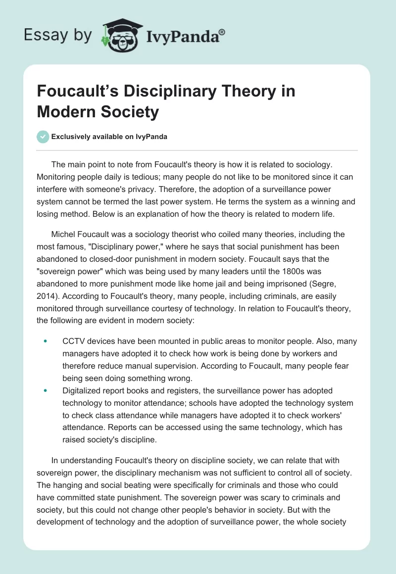 Foucault’s Disciplinary Theory in Modern Society. Page 1