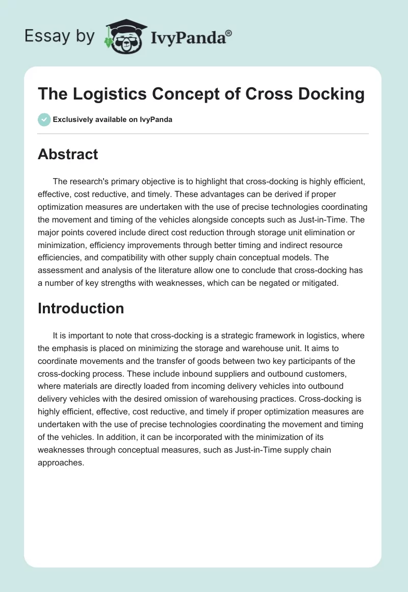 The Logistics Concept of Cross Docking. Page 1