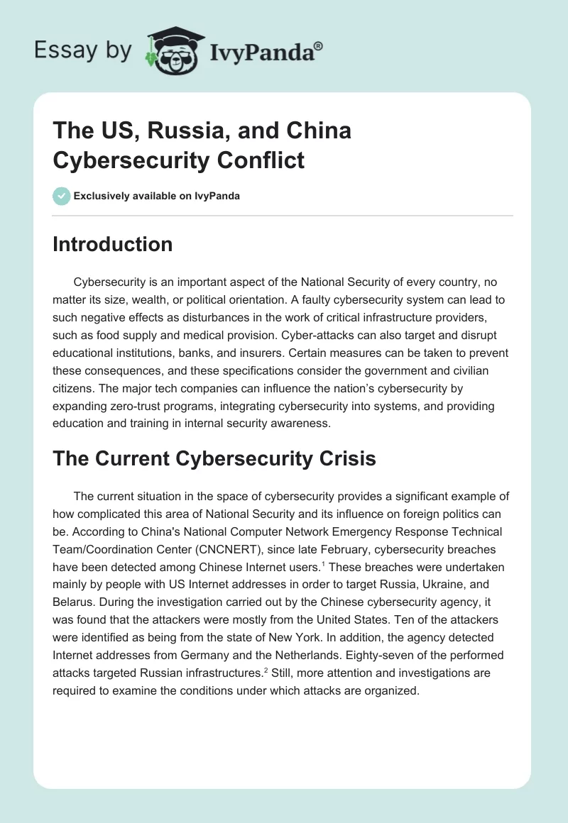The US, Russia, and China Cybersecurity Conflict. Page 1