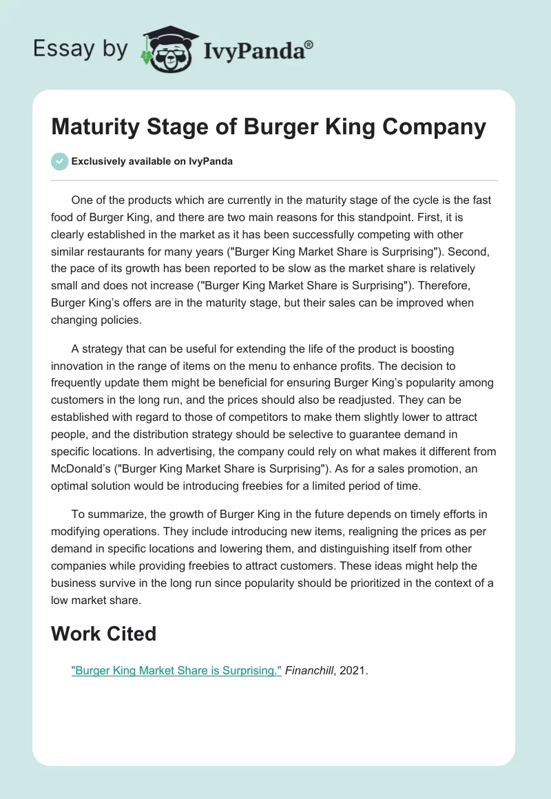 Maturity Stage of Burger King Company. Page 1