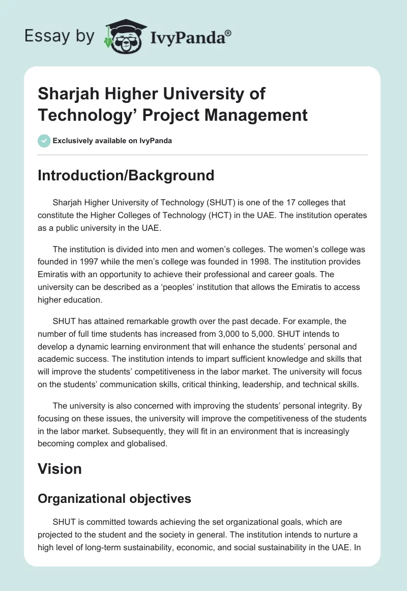 Sharjah Higher University of Technology’ Project Management. Page 1