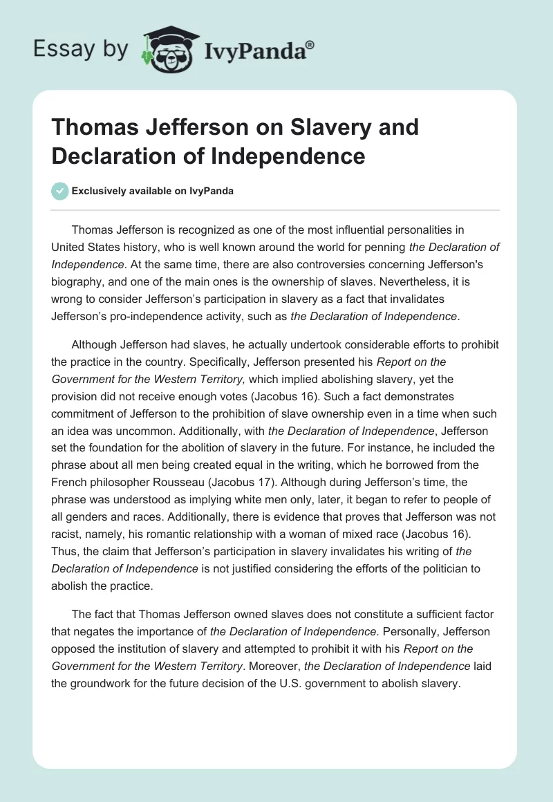 Thomas Jefferson on Slavery and Declaration of Independence. Page 1