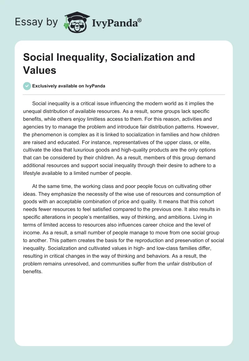 Social Inequality, Socialization, and Values. Page 1