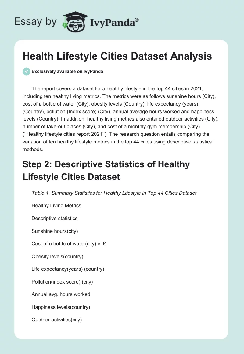 Health Lifestyle Cities Dataset Analysis. Page 1