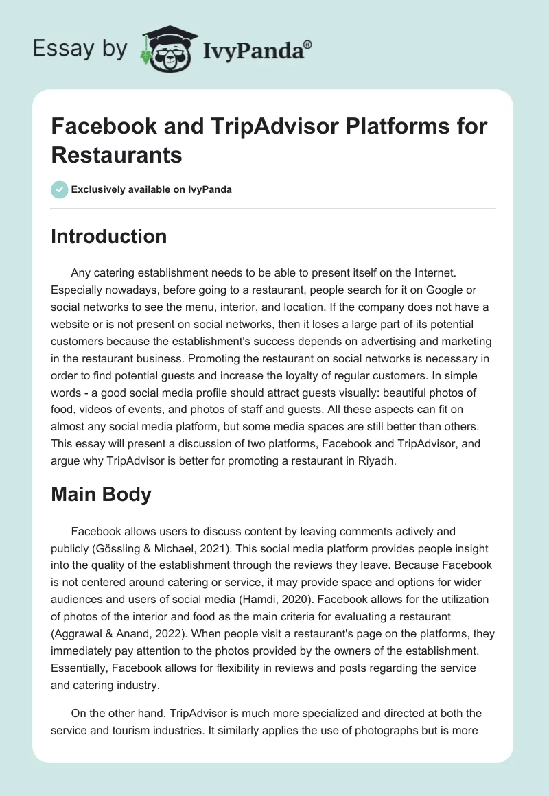 Facebook and TripAdvisor Platforms for Restaurants. Page 1