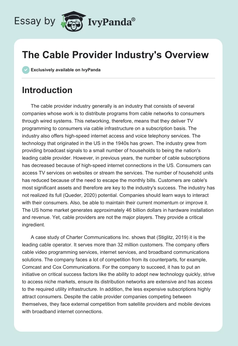 The Cable Provider Industry's Overview. Page 1