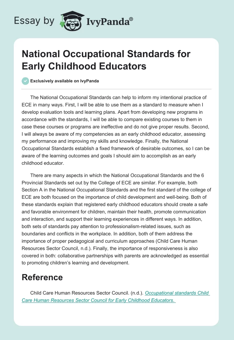 National Occupational Standards for Early Childhood Educators. Page 1