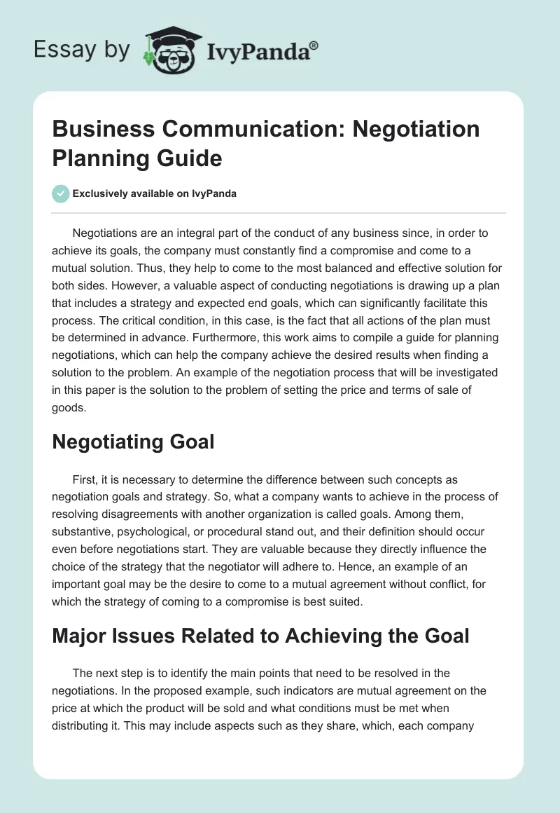 Business Communication: Negotiation Planning Guide. Page 1