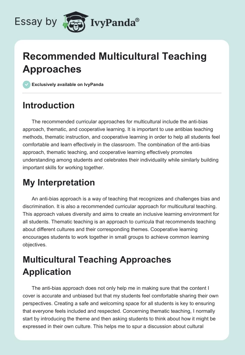 Recommended Multicultural Teaching Approaches. Page 1