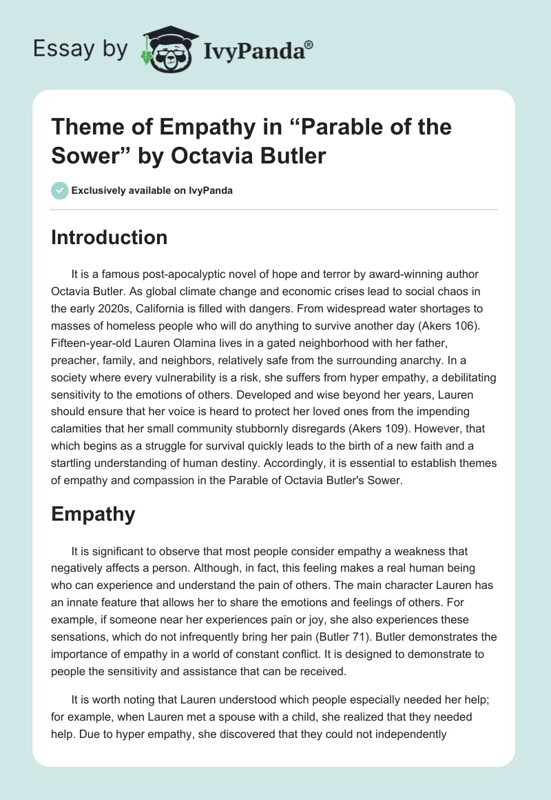 Theme of Empathy in “Parable of the Sower” by Octavia Butler. Page 1