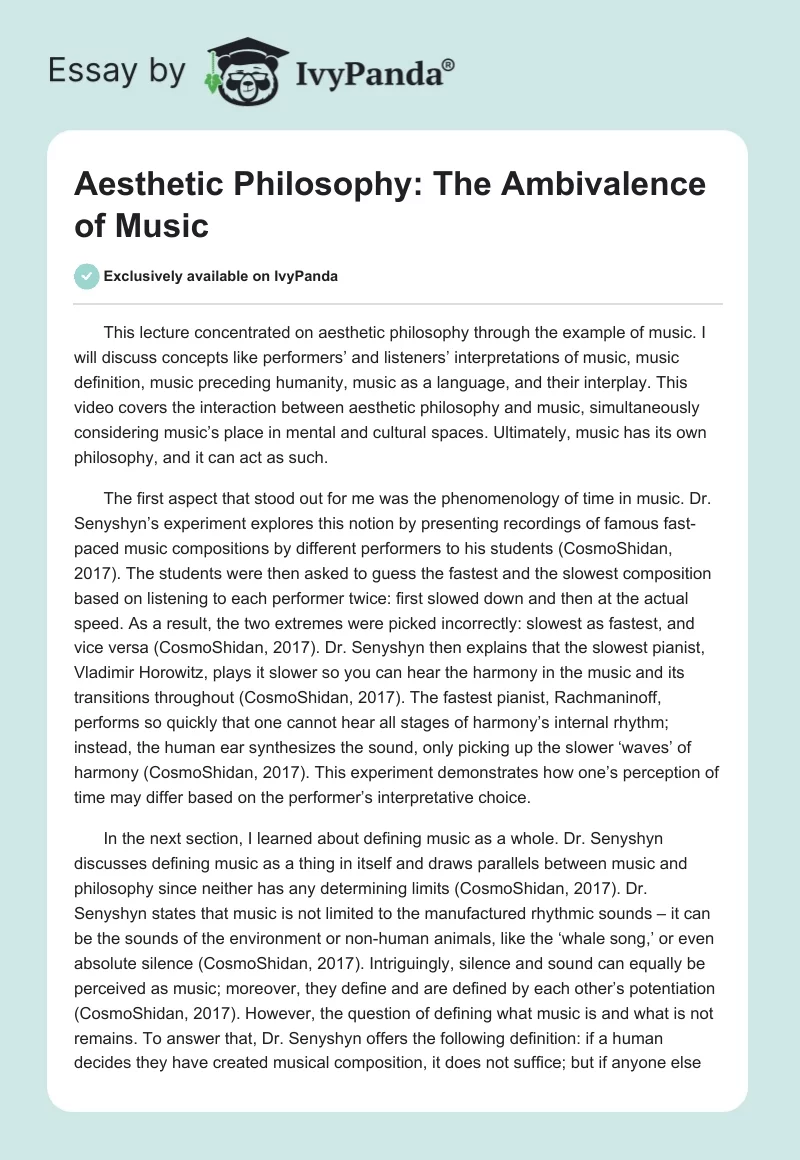 Aesthetic Philosophy: The Ambivalence of Music. Page 1