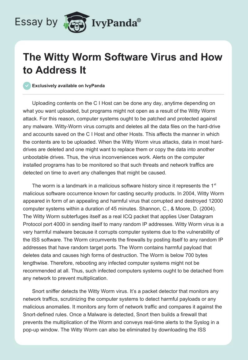 The Witty Worm Software Virus and How to Address It. Page 1