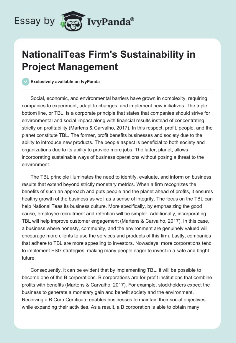 NationaliTeas Firm's Sustainability in Project Management. Page 1