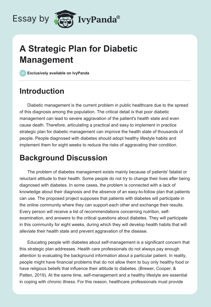 A Strategic Plan for Diabetic Management. Page 1