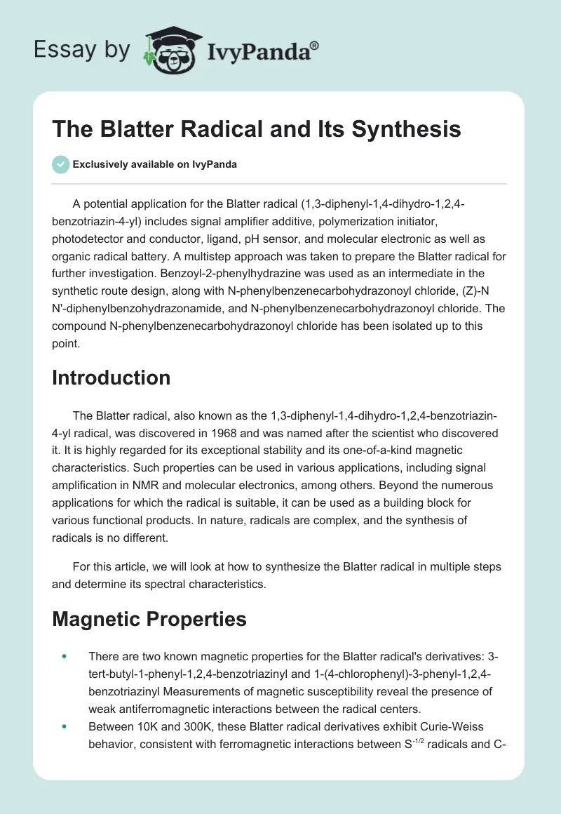 The Blatter Radical and Its Synthesis. Page 1