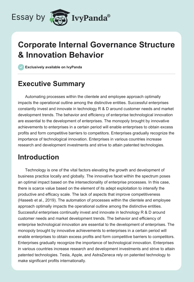 Corporate Internal Governance Structure & Innovation Behavior. Page 1