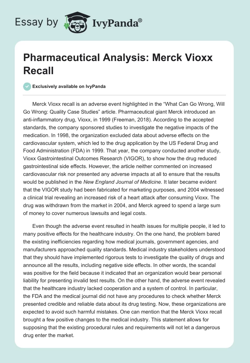 Pharmaceutical Analysis: Merck Vioxx Recall. Page 1