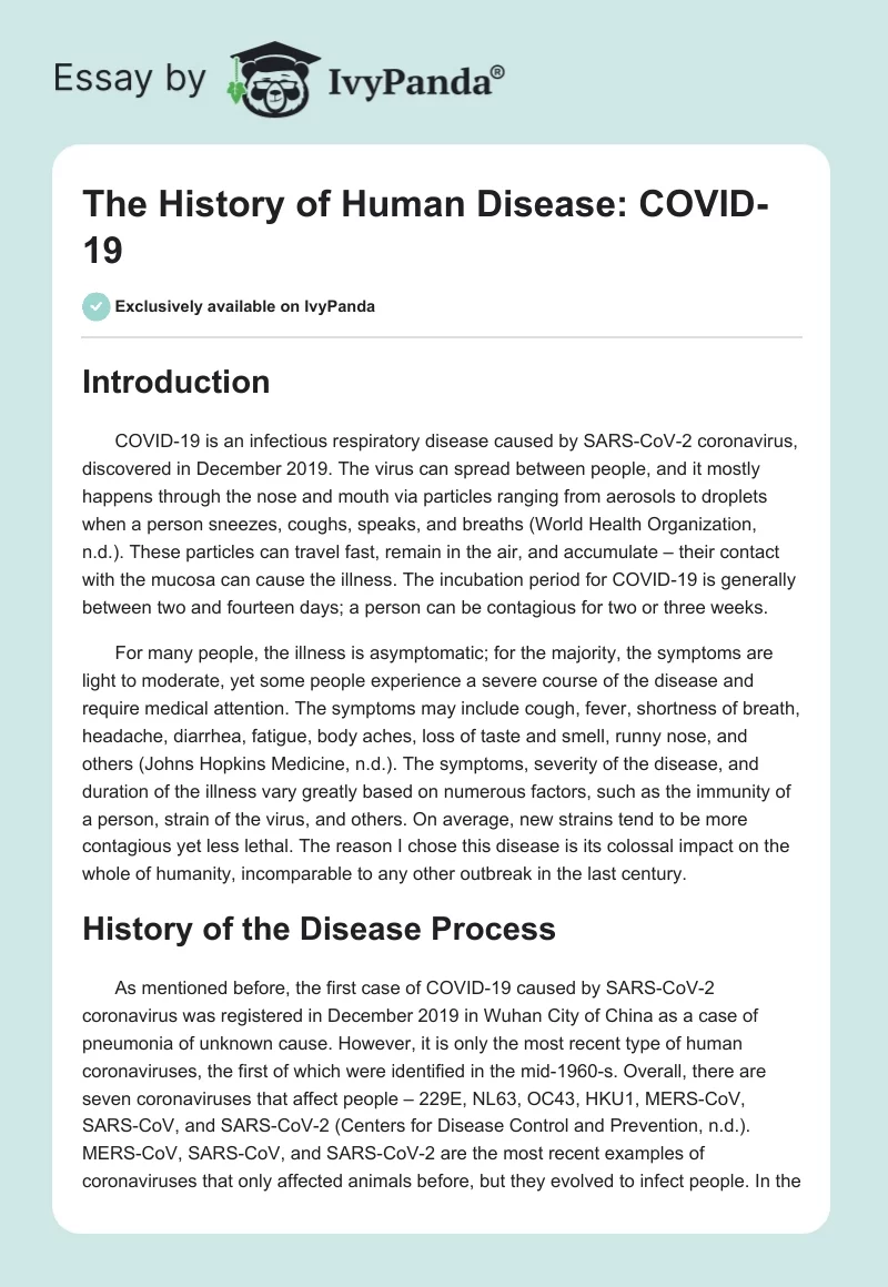 The History of Human Disease: COVID-19. Page 1