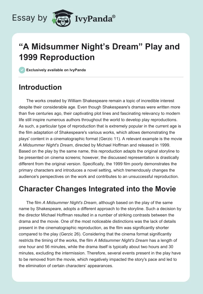 “A Midsummer Night’s Dream” Play and 1999 Reproduction. Page 1