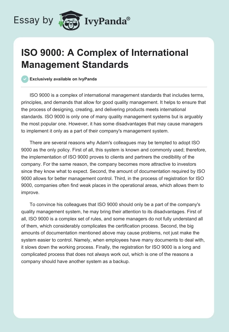 ISO 9000: A Complex of International Management Standards. Page 1