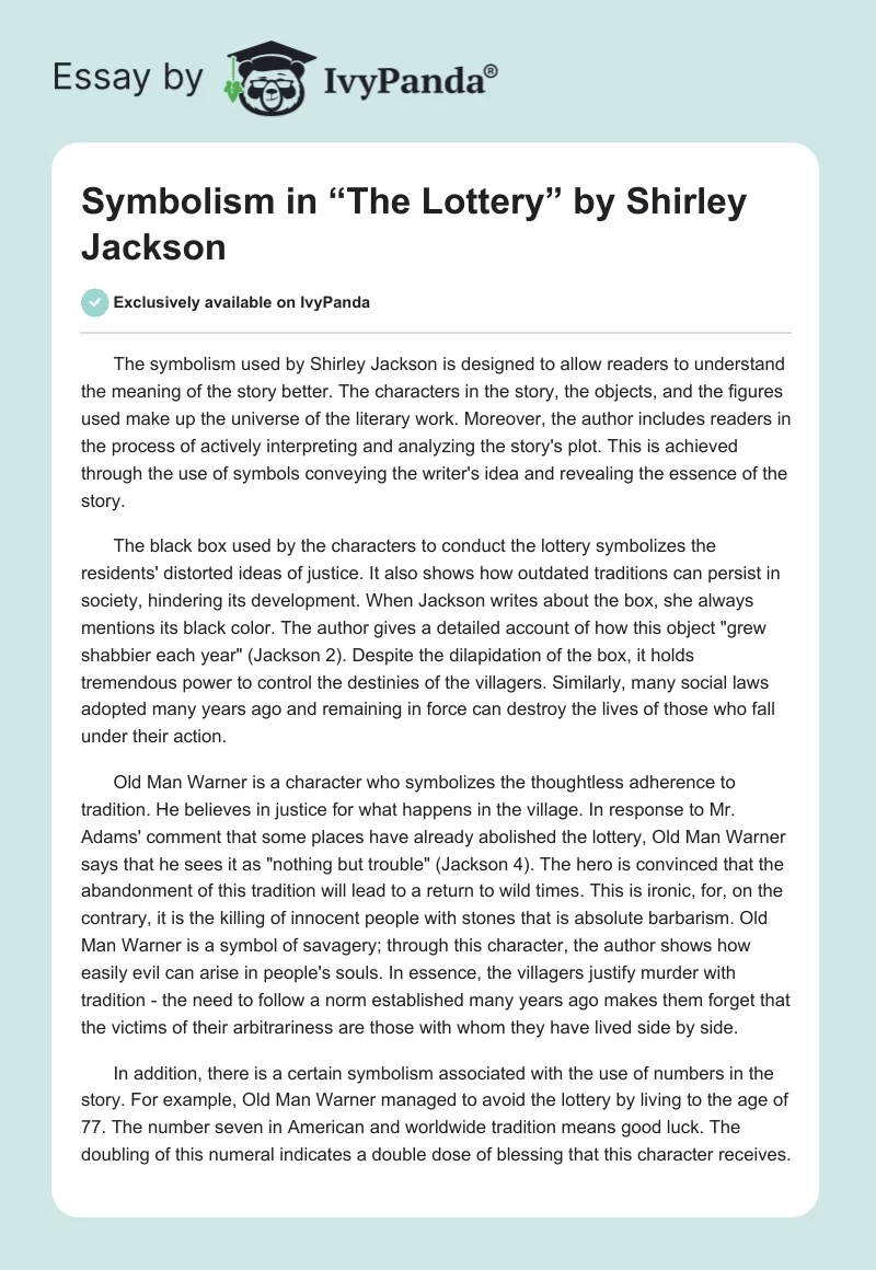 Symbolism in “The Lottery” by Shirley Jackson. Page 1