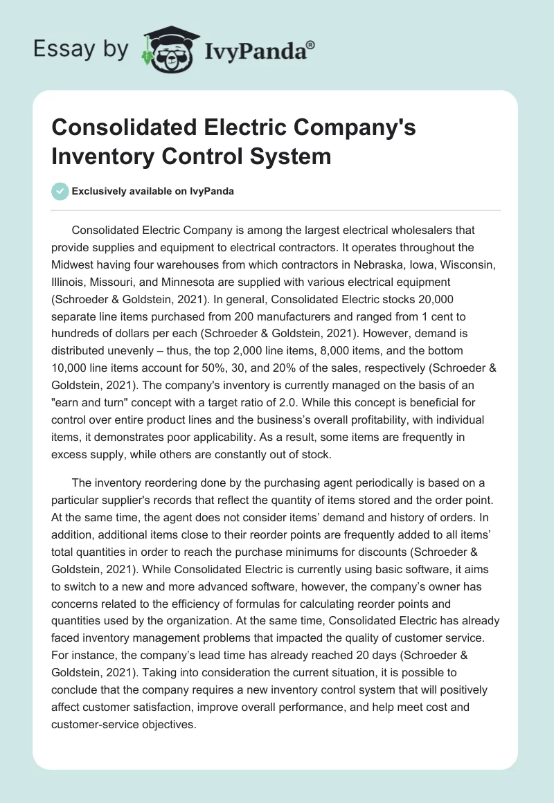 Consolidated Electric Company's Inventory Control System. Page 1