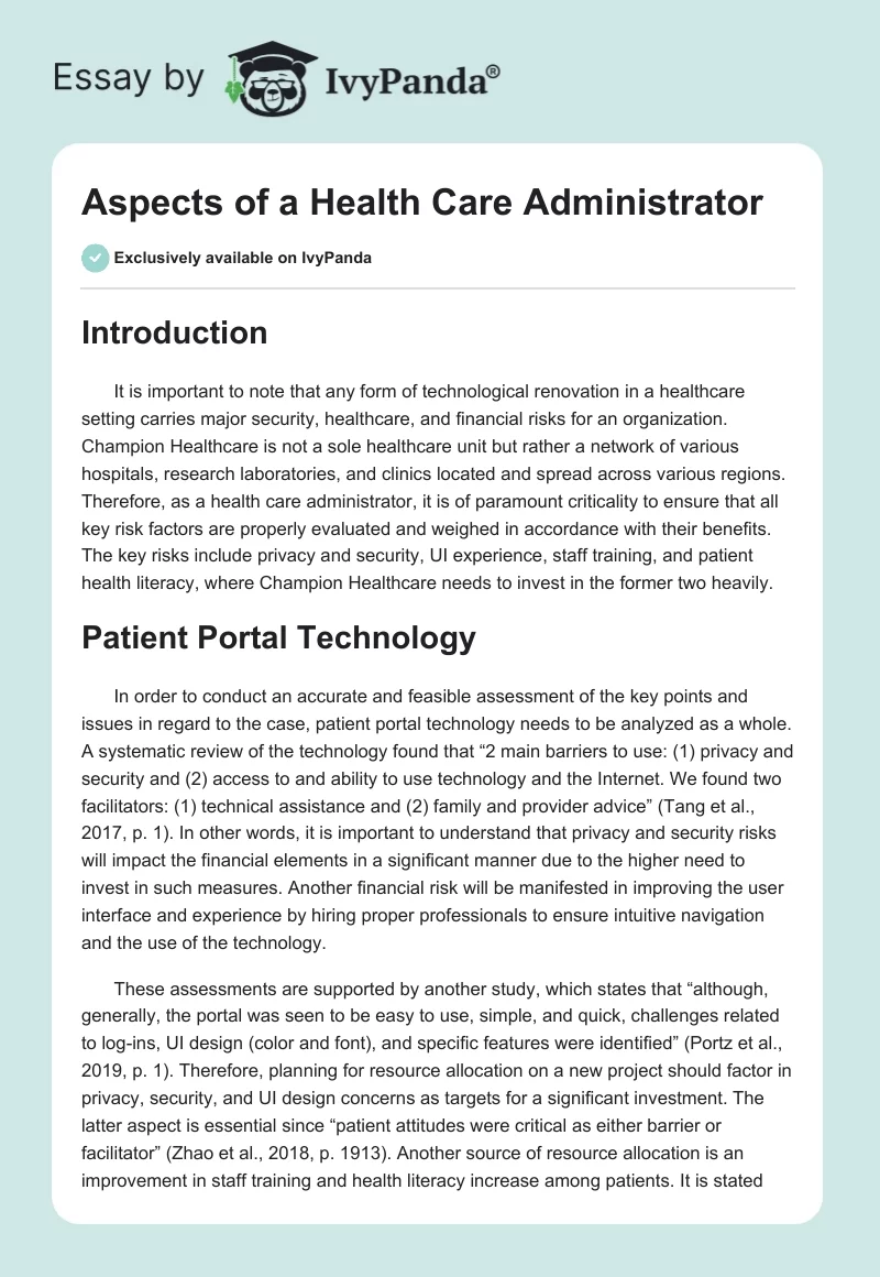 Aspects of a Health Care Administrator. Page 1