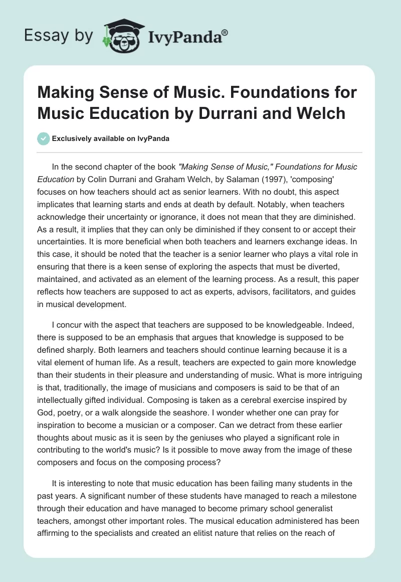 "Making Sense of Music. Foundations for Music Education" by Durrani and Welch. Page 1