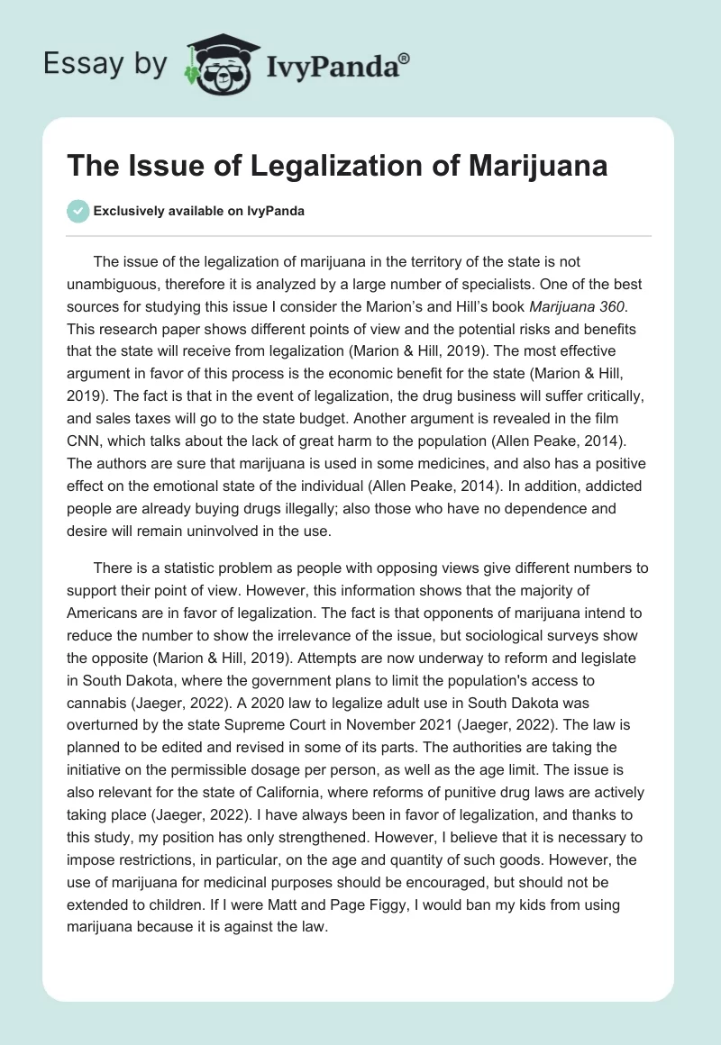 The Issue of Legalization of Marijuana. Page 1