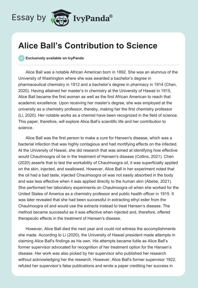 Alice Ball’s Contribution to Science. Page 1