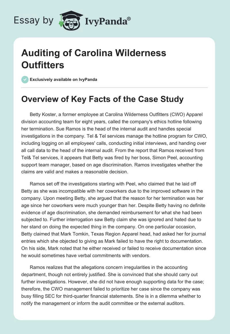 Auditing of Carolina Wilderness Outfitters. Page 1