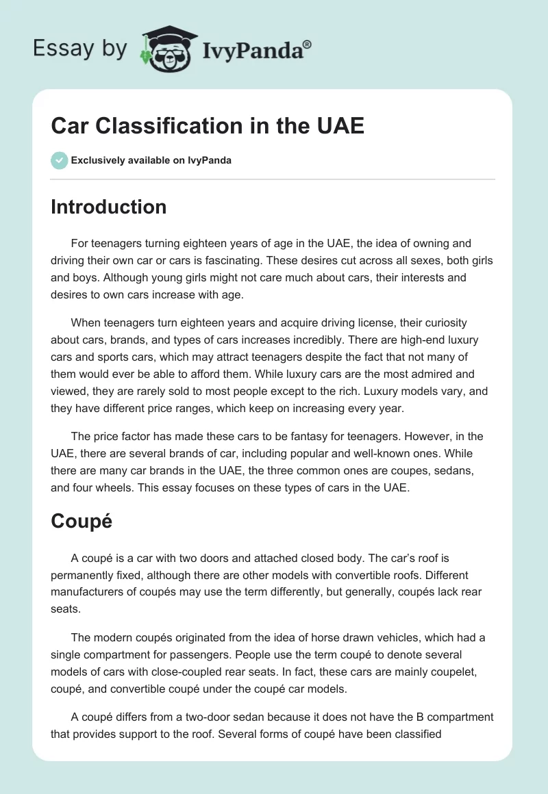Car Classification in the UAE. Page 1
