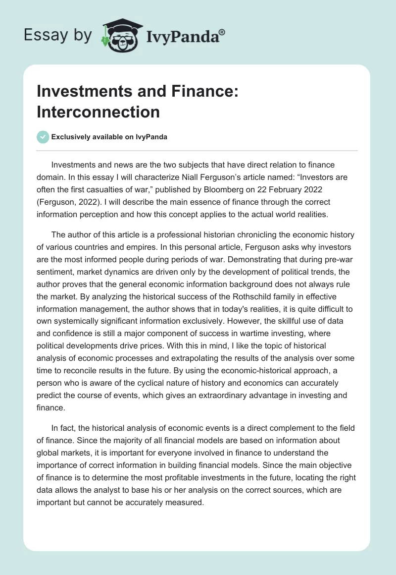 Investments and Finance: Interconnection. Page 1