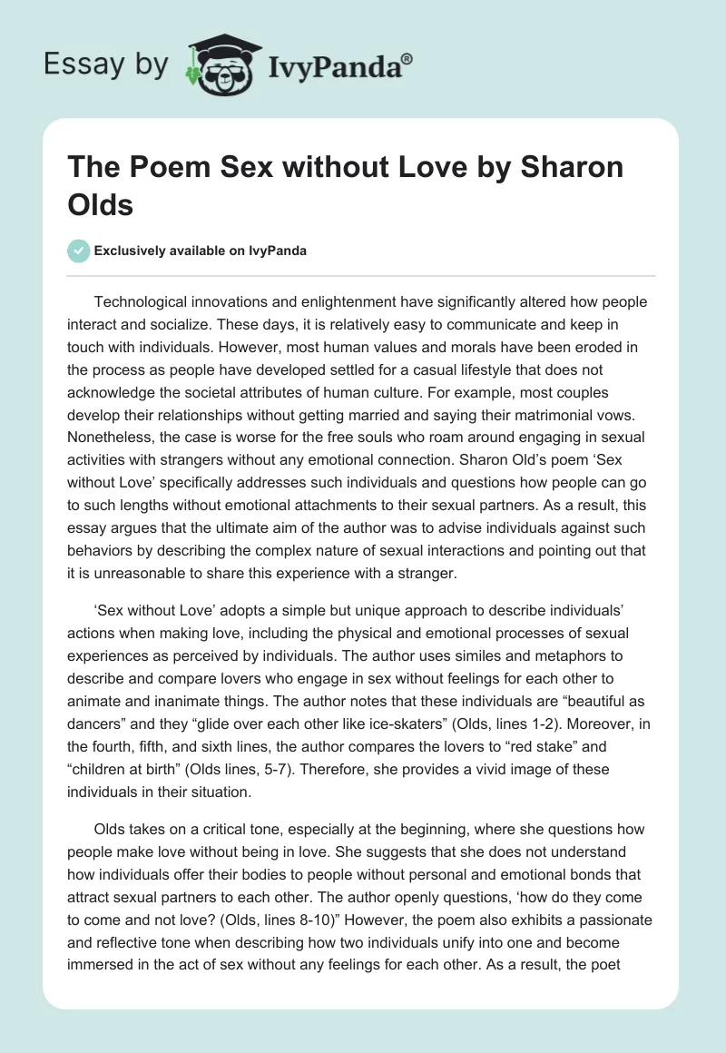 The Poem "Sex without Love" by Sharon Olds. Page 1
