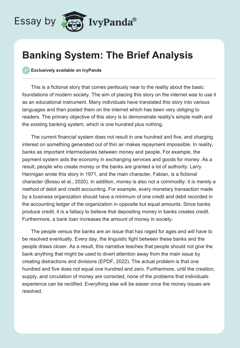 Banking System: The Brief Analysis. Page 1