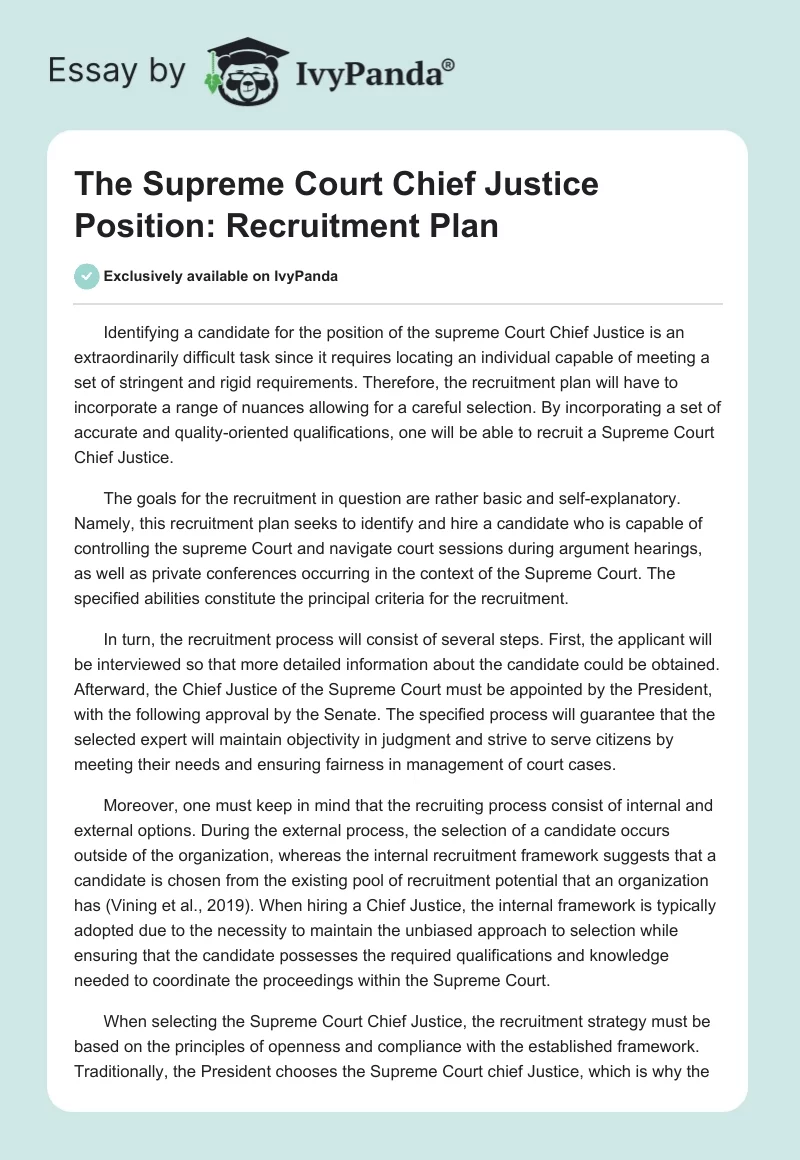 The Supreme Court Chief Justice Position: Recruitment Plan 585 Words