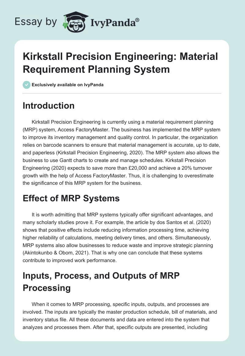 Kirkstall Precision Engineering: Material Requirement Planning System. Page 1
