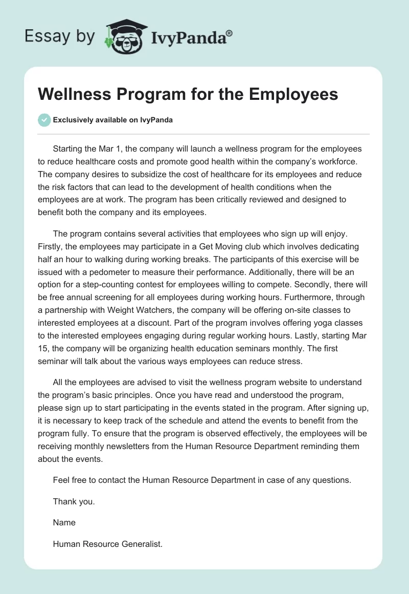 Wellness Program for the Employees. Page 1