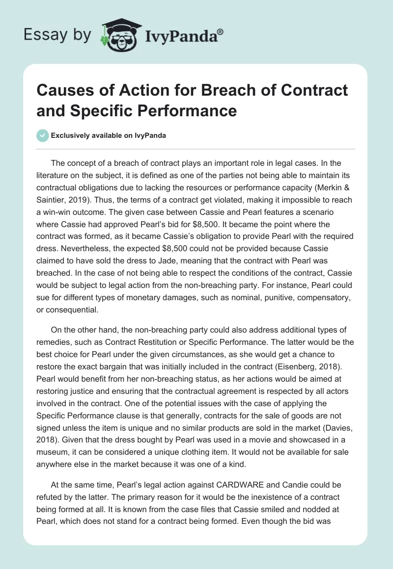 Causes of Action for Breach of Contract and Specific Performance. Page 1