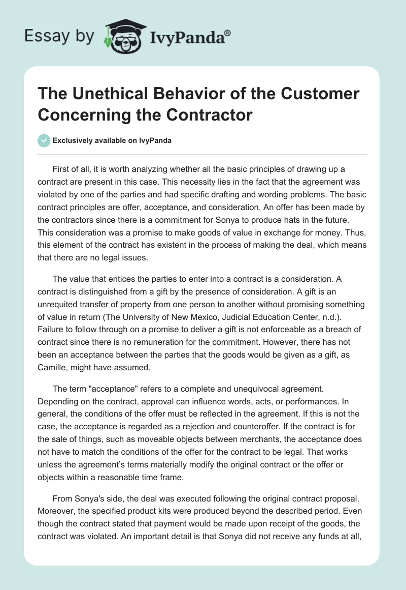 The Unethical Behavior of the Customer Concerning the Contractor. Page 1