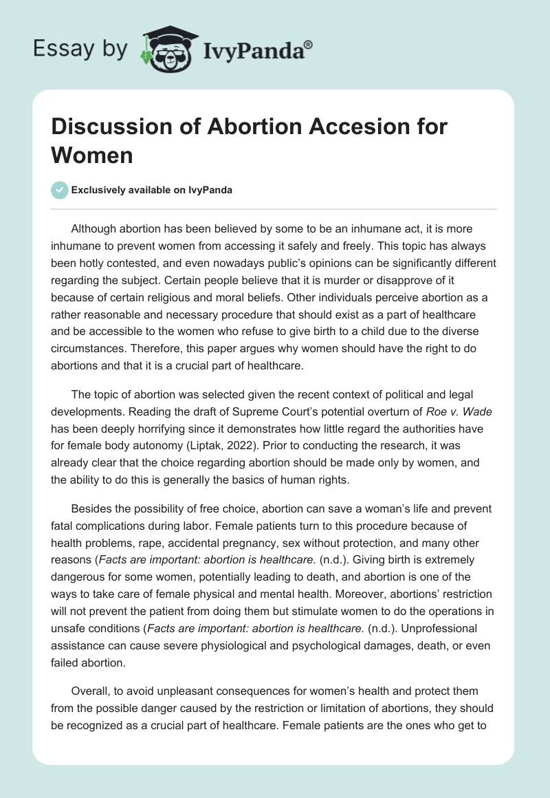 Discussion of Abortion Accesion for Women. Page 1